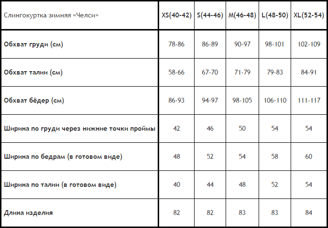 замеры слингокуртки Герда