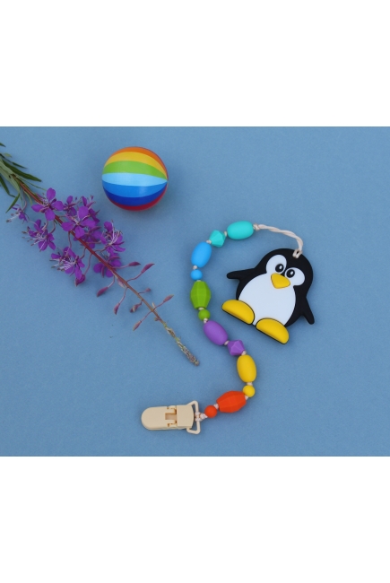 Силиконовый прорезыватель с держателем Пингвин