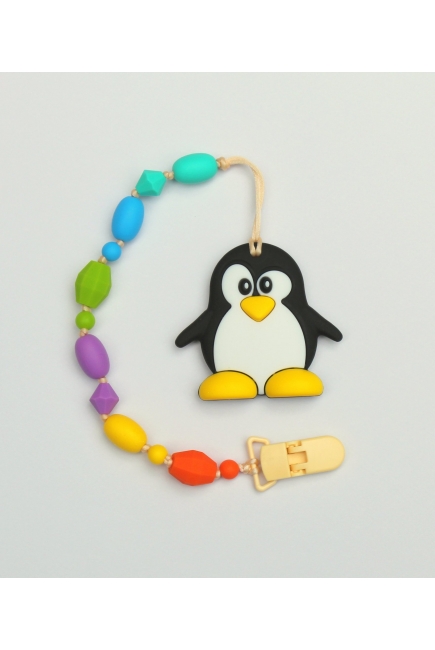 Силиконовый прорезыватель с держателем Пингвин