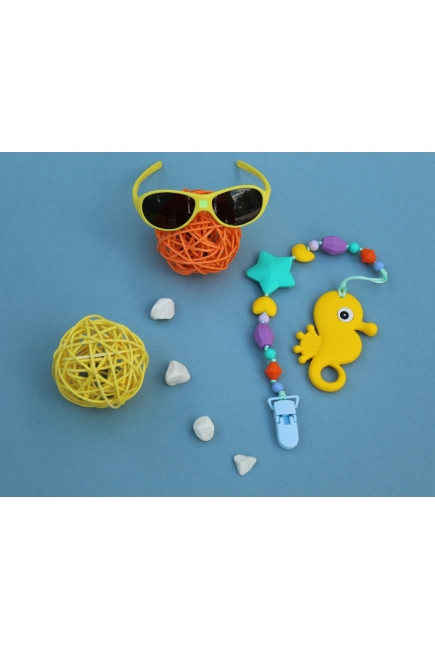 Силиконовый прорезыватель с держателем Океан, желтый