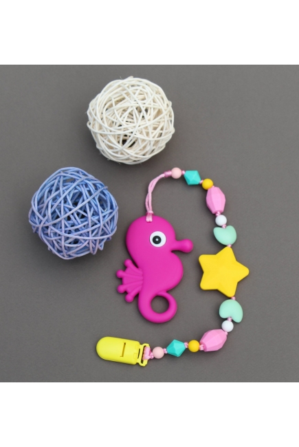 Силиконовый прорезыватель с держателем Океан, фуксия