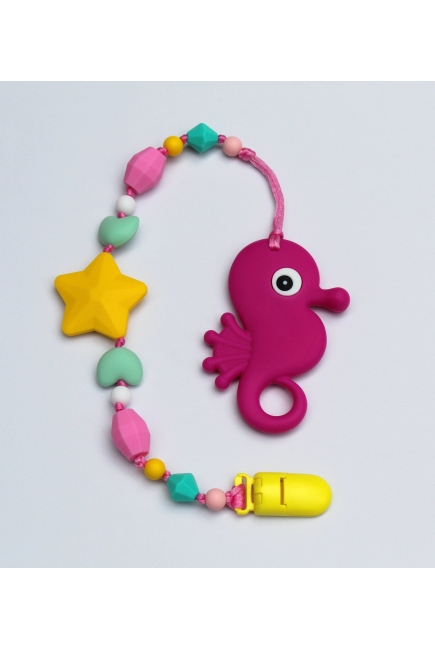 Силиконовый прорезыватель с держателем Океан, фуксия