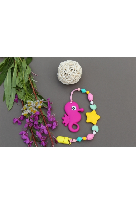 Силиконовый прорезыватель с держателем Океан, фуксия