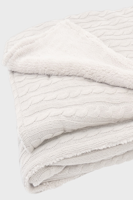 вязаный плед с мехом для новорожденных (косичка), цвет "белый"