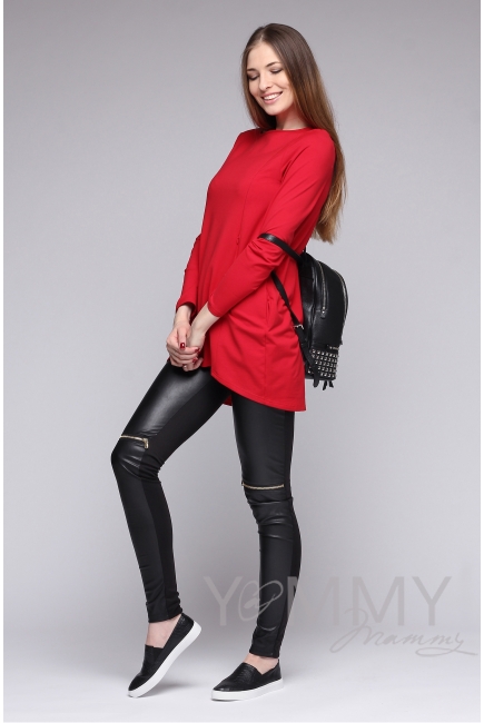 Универсальные брюки из эко-кожи черные с декоративными молниями для беременных