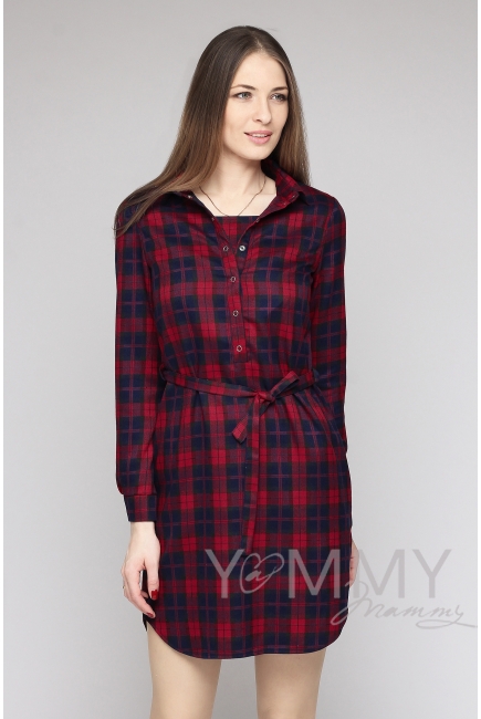 Платье-рубашка в красно-синюю клетку для кормящих