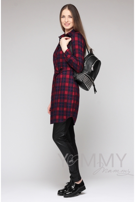 Платье-рубашка в красно-синюю клетку для кормящих
