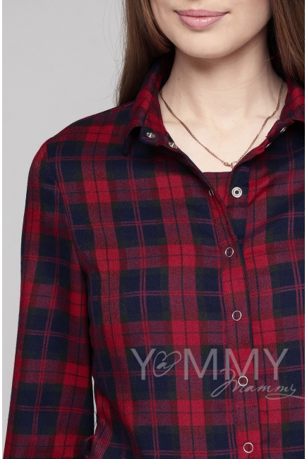 Платье-рубашка в красно-синюю клетку для кормящих