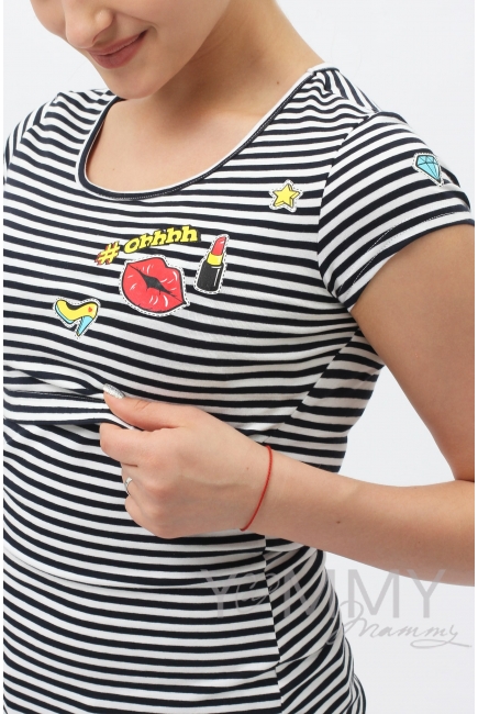 Футболка с принтом для кормящих и беременных,синяя полоска