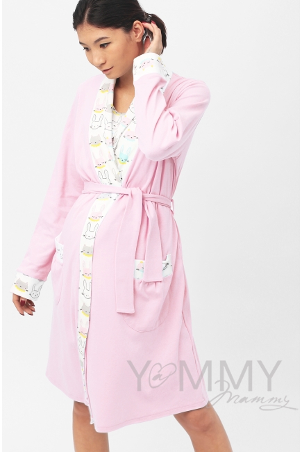 Комплект халат с сорочкой розовый с принтом котики/зайчики Комплект халат с сорочкой розовый с принтом котики/зайчики