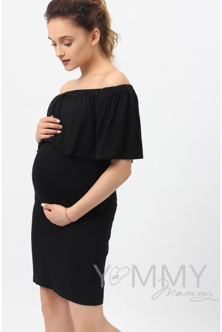 Платье "майка" с воланом на плечах черное для беременных