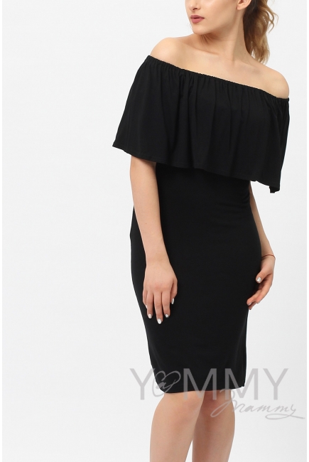 Платье "майка" с воланом на плечах черное для беременных