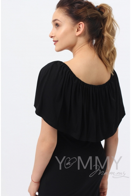 Платье "майка" с воланом на плечах черное для беременных
