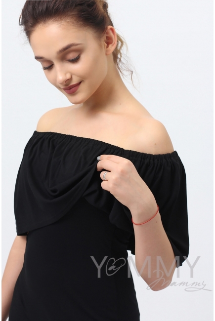 Платье "майка" с воланом на плечах черное для беременных