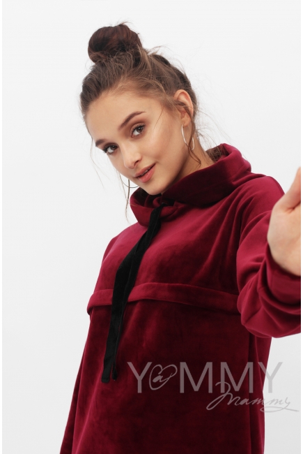Платье-толстовка для кормящих и беременных с капюшоном из велюра, цвет марсала