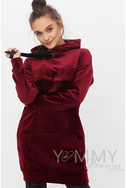 Платье-толстовка для кормящих и беременных с капюшоном из велюра, цвет марсала