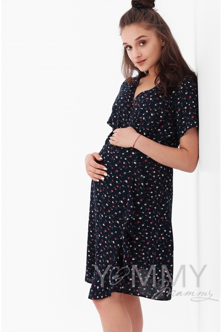 Платье для беременных и кормящих на запах с цветочным принтом, цвет темно-синий