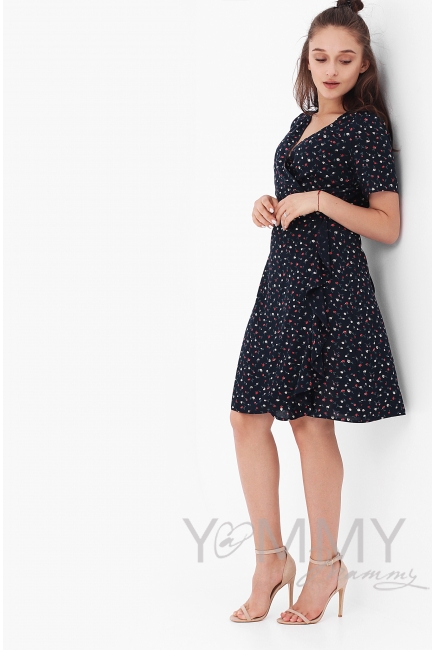 Платье для беременных и кормящих на запах с цветочным принтом, цвет темно-синий