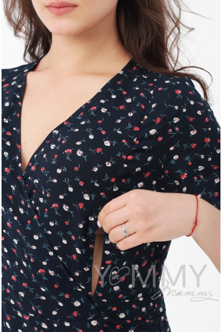 Платье для беременных и кормящих на запах с цветочным принтом, цвет темно-синий