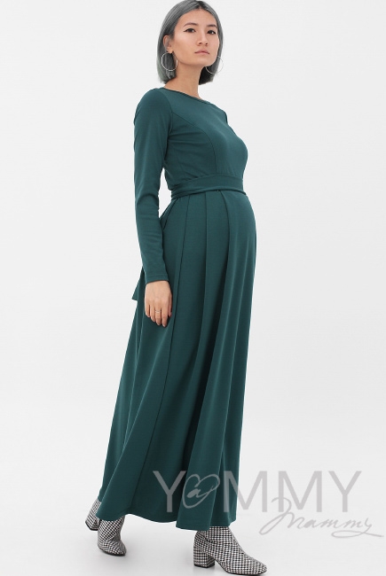 Платье для кормящих и беременных в пол, юбка со складками, изумрудное