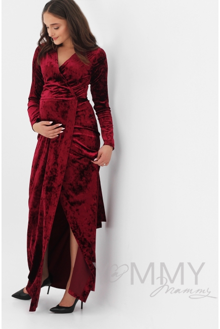 Вечернее платье для беременных и кормящих длинное бархатное на запах, бордо Вечернее платье для беременных и кормящих длинное бархатное на запах, бордо