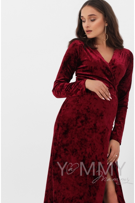 Вечернее платье для беременных и кормящих длинное бархатное на запах, бордо Вечернее платье для беременных и кормящих длинное бархатное на запах, бордо