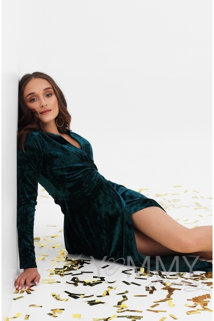 Вечернее платье для кормящих и беременных длинное бархатное на запах, изумрудное