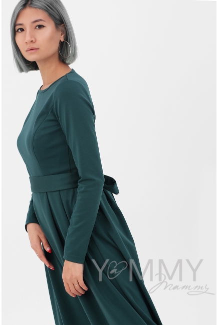 Платье для кормящих и беременных в пол, юбка со складками, изумрудное
