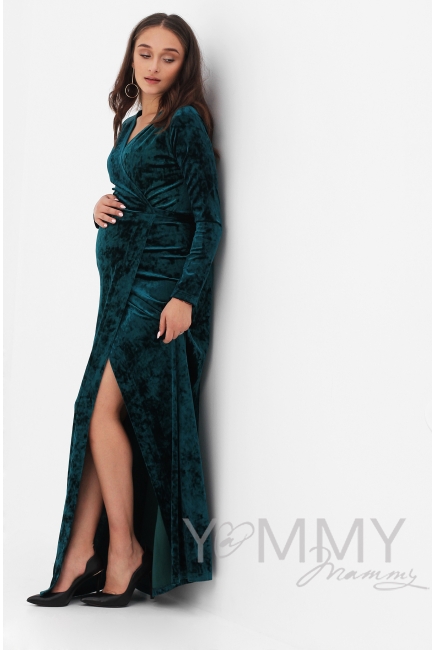 Вечернее платье для кормящих и беременных длинное бархатное на запах, изумрудное