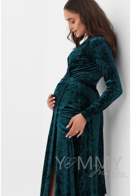 Вечернее платье для кормящих и беременных длинное бархатное на запах, изумрудное
