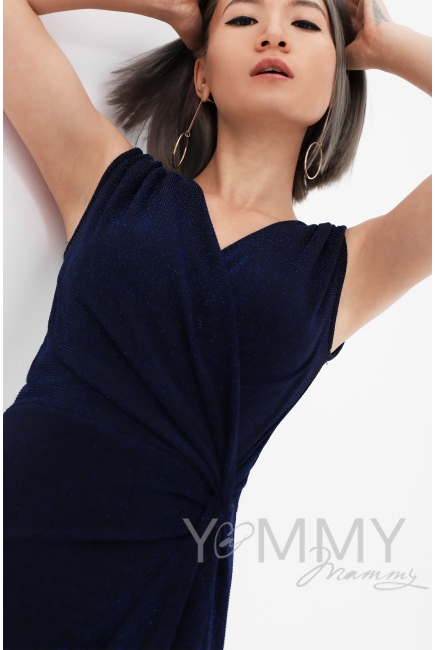 Вечернее платье для беременных и кормящих длинное с разрезом, синее