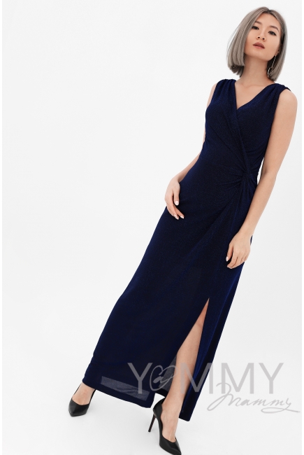 Вечернее платье для беременных и кормящих длинное с разрезом, синее