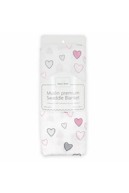 Муслиновая пеленка для новорожденных Adam Stork большая, Pink Hearts Муслиновая пеленка для новорожденных Adam Stork большая, Pink Hearts