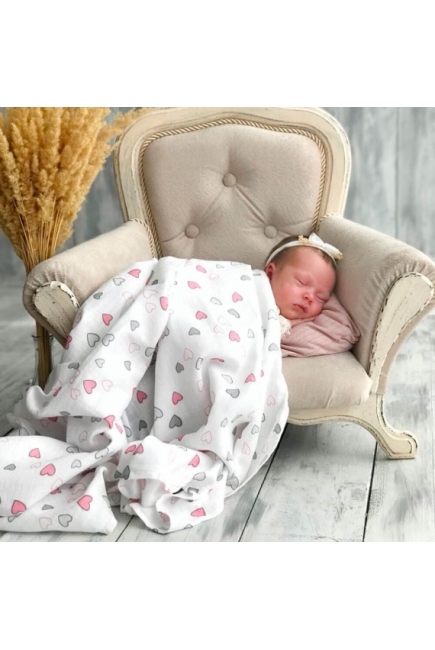 Муслиновая пеленка для новорожденных Adam Stork большая, Pink Hearts Муслиновая пеленка для новорожденных Adam Stork большая, Pink Hearts