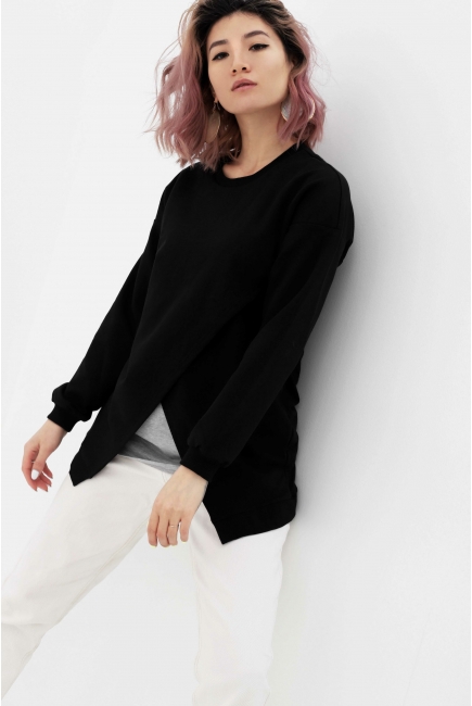 Джемпер для кормящих и беременных на запах, черный/серый меланж