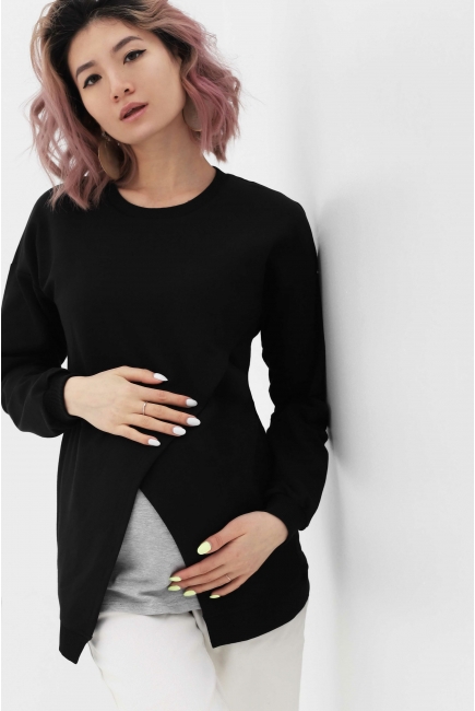 Джемпер для кормящих и беременных на запах, черный/серый меланж