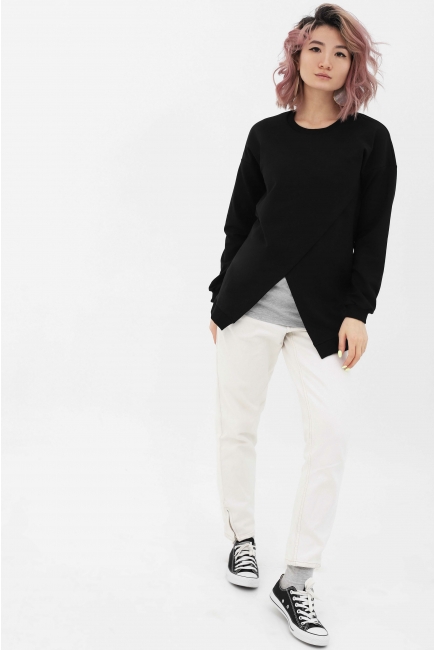 Джемпер для кормящих и беременных на запах, черный/серый меланж