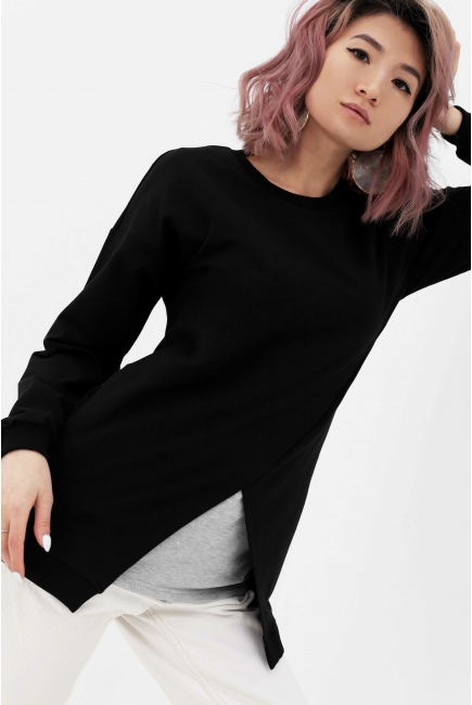 Джемпер для кормящих и беременных на запах, черный/серый меланж