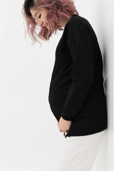 Джемпер для кормящих и беременных на запах, черный/серый меланж