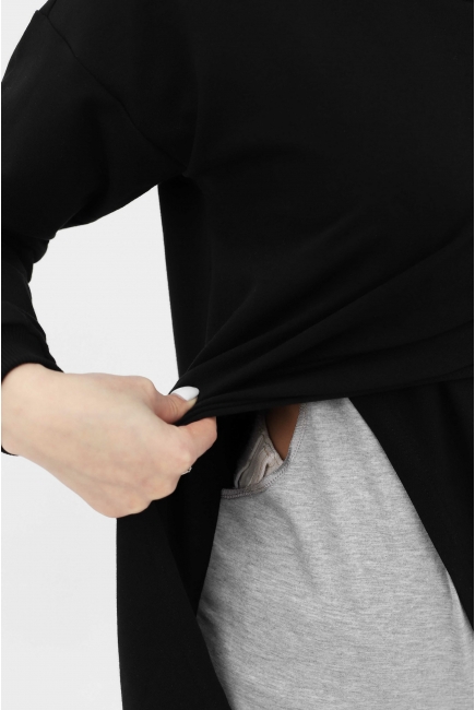 Джемпер для кормящих и беременных на запах, черный/серый меланж