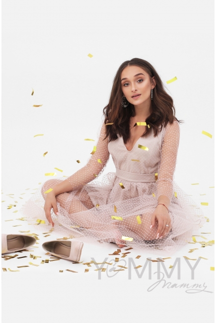 Вечернее платье для кормящих и беременных с поясом, розовое с сеткой