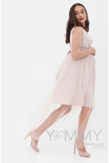 Вечернее платье для кормящих и беременных с поясом, розовое с сеткой