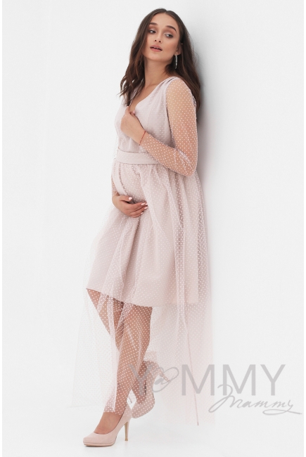 Вечернее платье для кормящих и беременных с поясом, розовое с сеткой