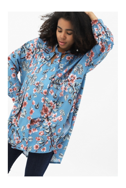 Блуза для беременных и кормящих мам длинный рукав, цветочный принт, голубая