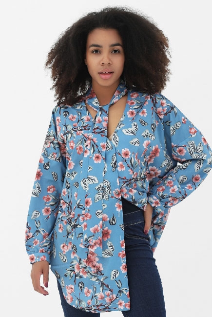 Блуза для беременных и кормящих с цветами длинный рукав, цвет голубой