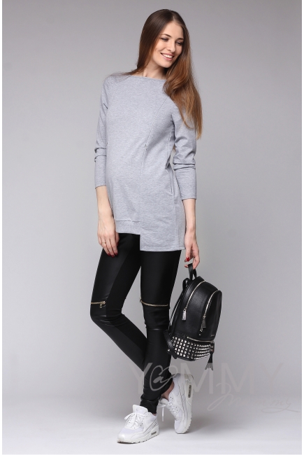 Универсальные брюки из эко-кожи черные с декоративными молниями для беременных