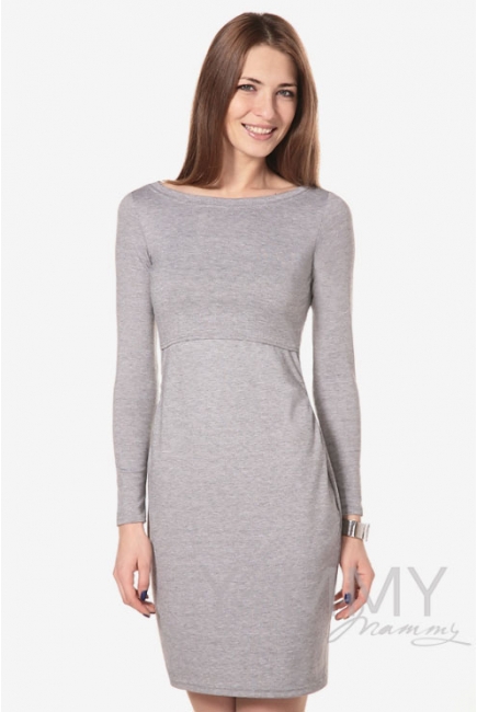 Платье для беременных и кормящих с горловиной "лодочка", серый меланж