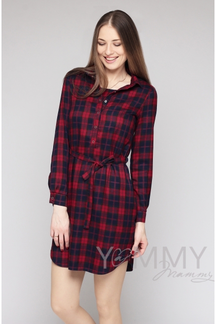 Платье-рубашка для кормящих и беременных, в красно-синюю клетку