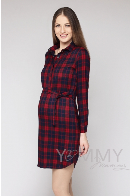 Платье-рубашка в красно-синюю клетку для кормящих