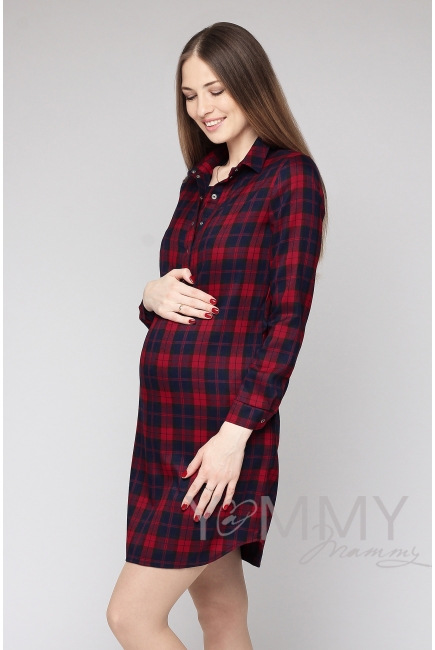 Платье-рубашка в красно-синюю клетку для кормящих